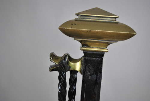 Paire De Chenets En Bronze Et Fer, Style Gothique, XIXème Siècle
