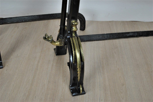 Paire De Chenets En Bronze Et Fer, Style Gothique, XIXème Siècle