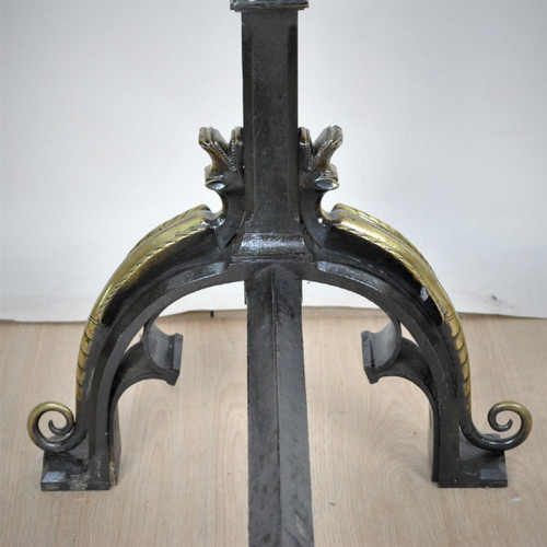 Paire De Chenets En Bronze Et Fer, Style Gothique, XIXème Siècle