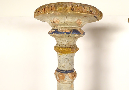Paire grands pique-cierges bois sculpté polychrome bougeoirs XVIè XVIIème
