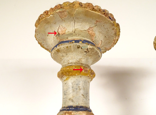Paire grands pique-cierges bois sculpté polychrome bougeoirs XVIè XVIIème