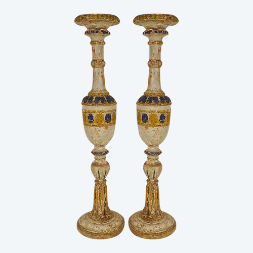Paire grands pique-cierges bois sculpté polychrome bougeoirs XVIè XVIIème