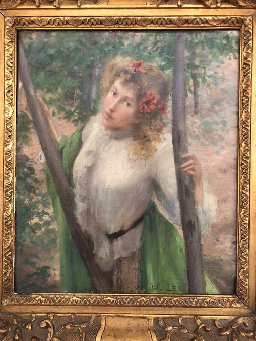 William Lee (1810-1865) Olio su tela - Donna dai capelli biondi con papaveri