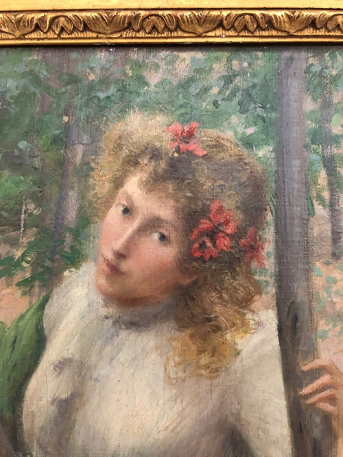 William Lee (1810-1865) Olio su tela - Donna dai capelli biondi con papaveri
