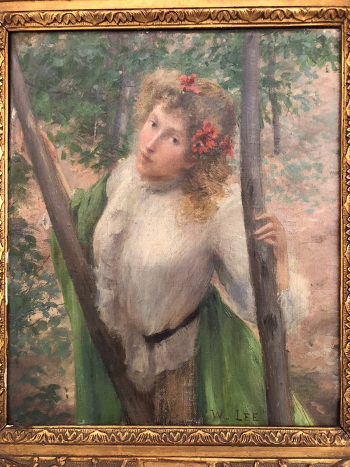 William Lee (1810-1865) Olio su tela - Donna dai capelli biondi con papaveri