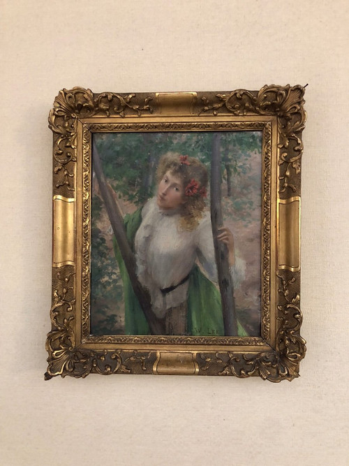 William Lee (1810-1865) Olio su tela - Donna dai capelli biondi con papaveri