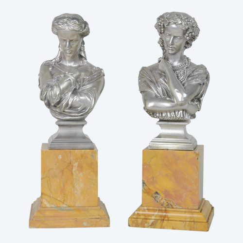 Clesinger / Collas, Paire De Bustes En Bronze Argenté, XIXème Siècle