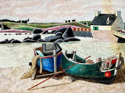 François Szulman, Tableau Années 1970, Vue De Port "barques Bretonnes".