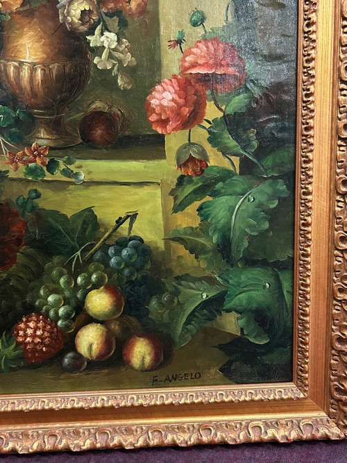 F Angelo – Bedeutendes Stillleben mit Blumen und Früchten, 19. Jahrhundert, H 131 cm