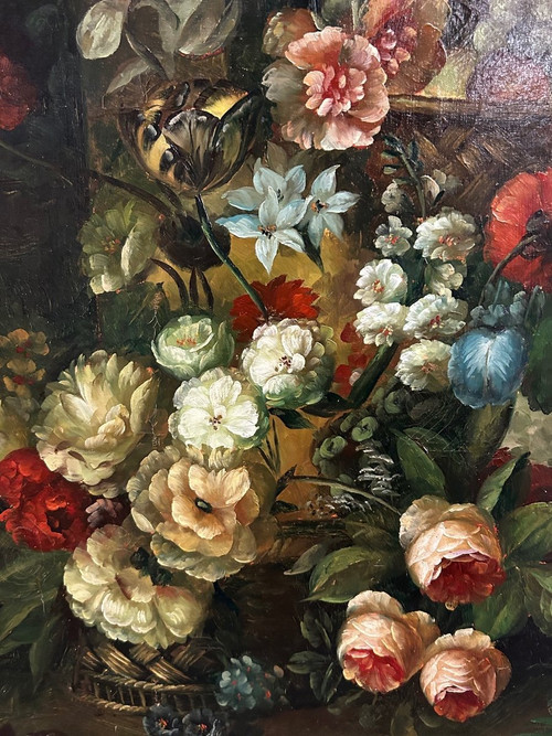F Angelo – Bedeutendes Stillleben mit Blumen und Früchten, 19. Jahrhundert, H 131 cm