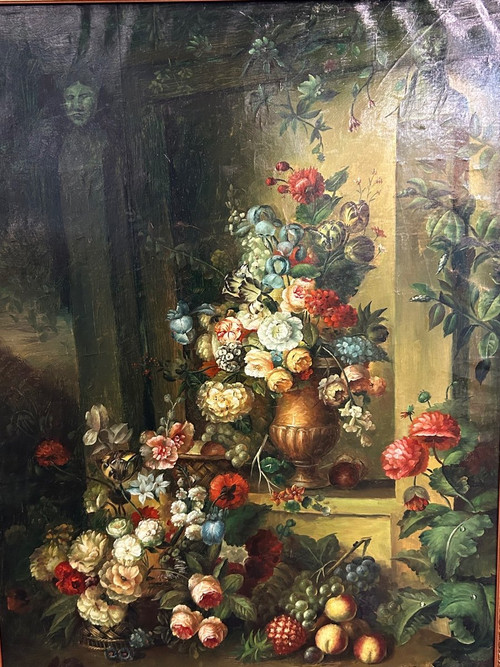 F Angelo – Bedeutendes Stillleben mit Blumen und Früchten, 19. Jahrhundert, H 131 cm