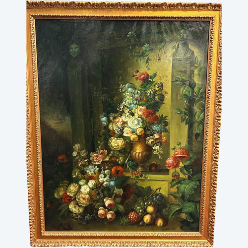 F Angelo - Important Still Life With Flowers And Fruits 19th Century H 131 Cm