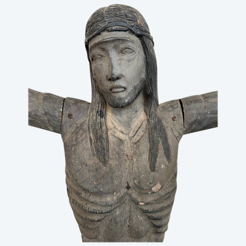 Grand Christ En Bois Sculpté - Amérique Du Sud Vers 1940-50  H 134 Cm