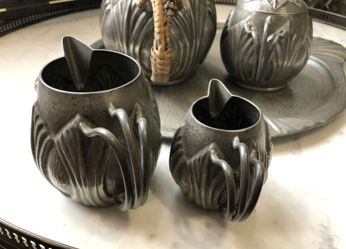Old ART DECO pewter coffee - tea service signed Alice and Eugène CHANAL