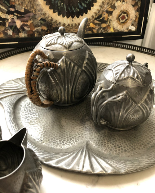 Old ART DECO pewter coffee - tea service signed Alice and Eugène CHANAL