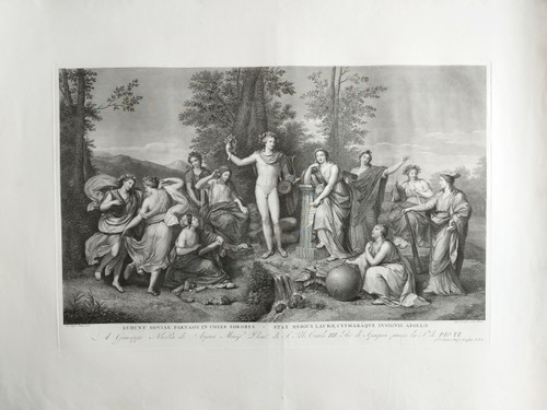 Incisione mitologica Apollo e le Muse sul Parnaso XIX secolo