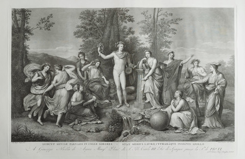 Incisione mitologica Apollo e le Muse sul Parnaso XIX secolo