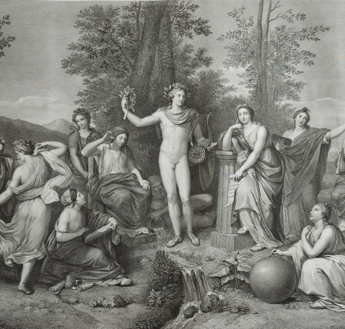 Incisione mitologica Apollo e le Muse sul Parnaso XIX secolo