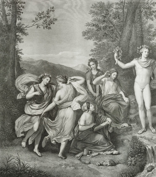 Incisione mitologica Apollo e le Muse sul Parnaso XIX secolo