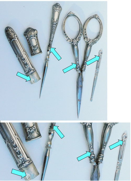 Kit da cucito Forbici in argento sterling, ditale, custodia per aghi, fine del XIX secolo, inizio del XX secolo