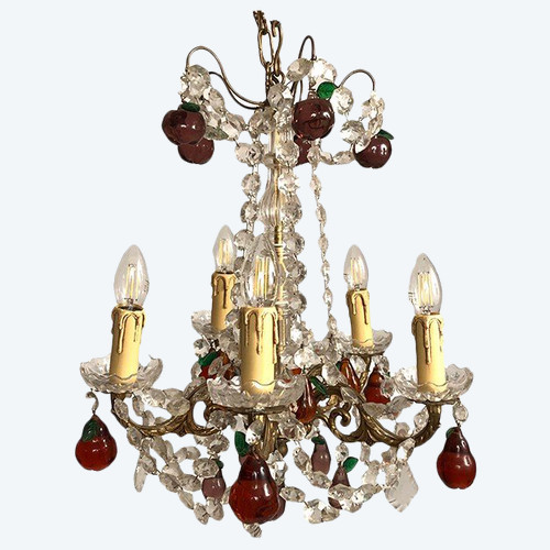 Lustre en bronze doré, pendeloques cristal et pampilles de verre coloré en forme de fruits, fin XIXe