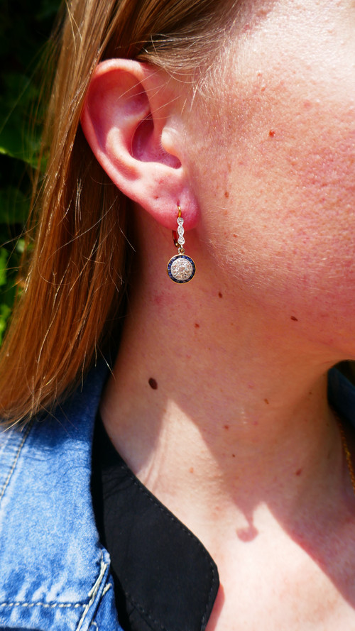 Art Deco Calibrated Diamonds And Sapphires Earrings.