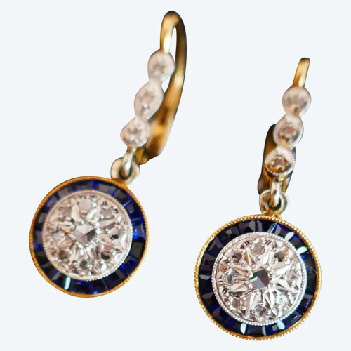 Art Deco Calibrated Diamonds And Sapphires Earrings.