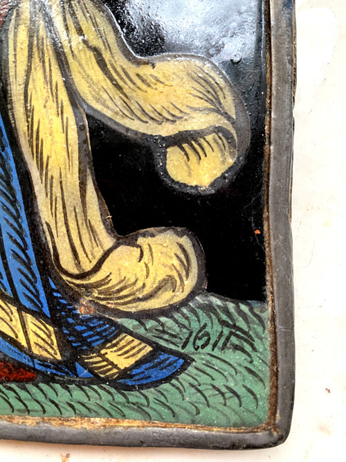 Small stained glass window from 1621 representing a woman dressed in her finery offering a present (early 17th century)