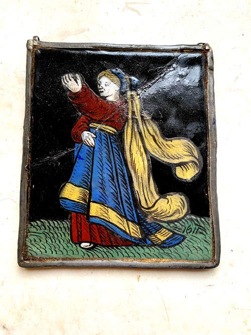 Small stained glass window from 1621 representing a woman dressed in her finery offering a present (early 17th century)