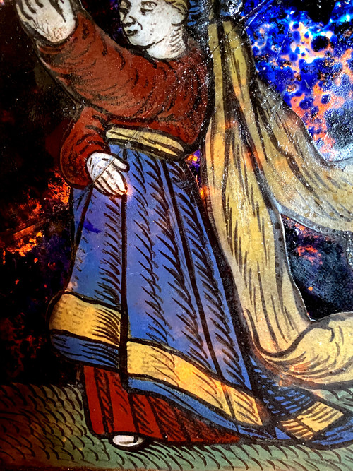 Small stained glass window from 1621 representing a woman dressed in her finery offering a present (early 17th century)