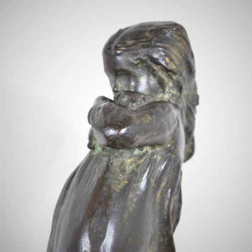 Robin Shippard, Bambina con cucciolo, firmato in bronzo e datato 1901