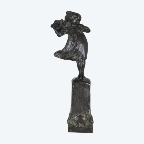 Robin Shippard, Bambina con cucciolo, firmato in bronzo e datato 1901