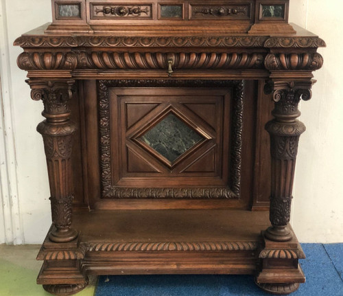 Crédence- buffet- cabinet  Néo- Renaissance En Noyer incrusté  De Marbre époque XIXéme