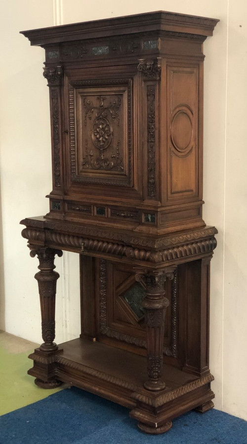 Crédence- buffet- cabinet  Néo- Renaissance En Noyer incrusté  De Marbre époque XIXéme
