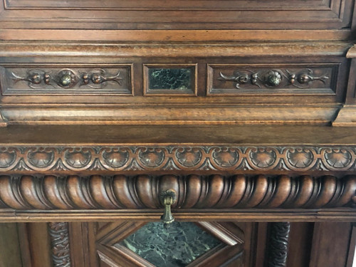 Crédence- buffet- cabinet  Néo- Renaissance En Noyer incrusté  De Marbre époque XIXéme