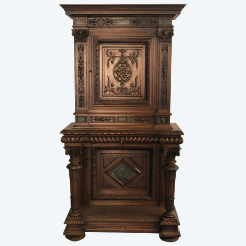 Crédence- buffet- cabinet  Néo- Renaissance En Noyer incrusté  De Marbre époque XIXéme