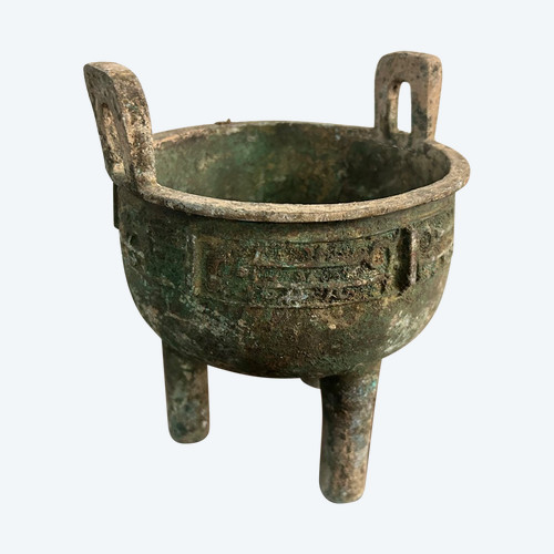 Vase Tripode Brule Parfum En Bronze à Patine Verte Et Terreuse - Chine Archaïque