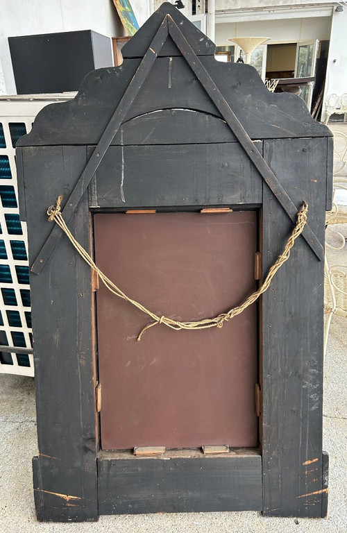 Specchio in ottone e legno annerito in stile Luigi XIII, 1880 circa, H: 149 cm