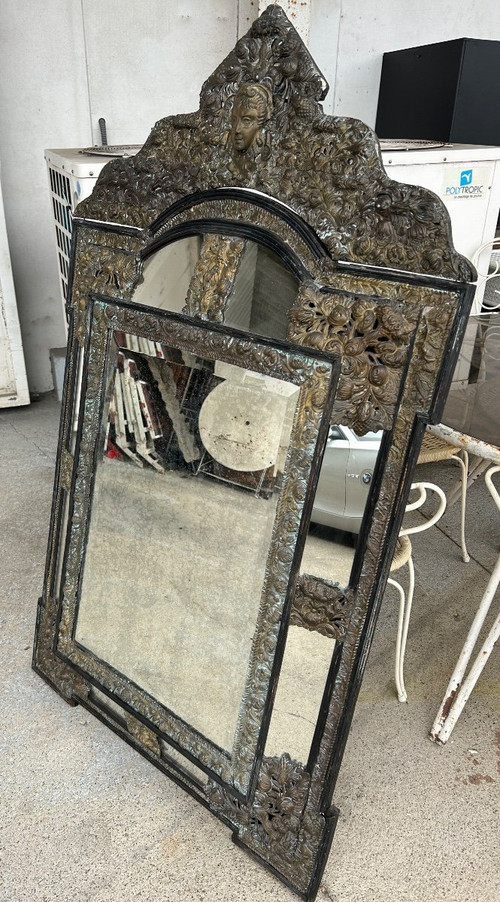 Specchio in ottone e legno annerito in stile Luigi XIII, 1880 circa, H: 149 cm