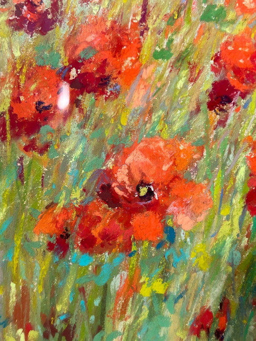 Pastel -fields Of Poppies Signature to be determined About 1950