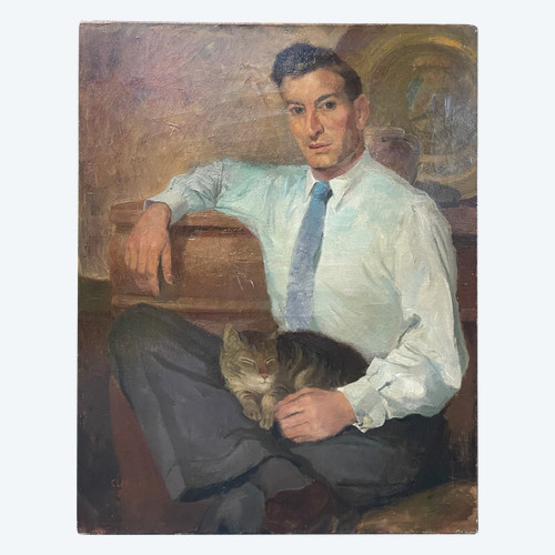 Portrait of a Man With a Cat Around 1940 Signed Claes Maurice Oil On Canvas