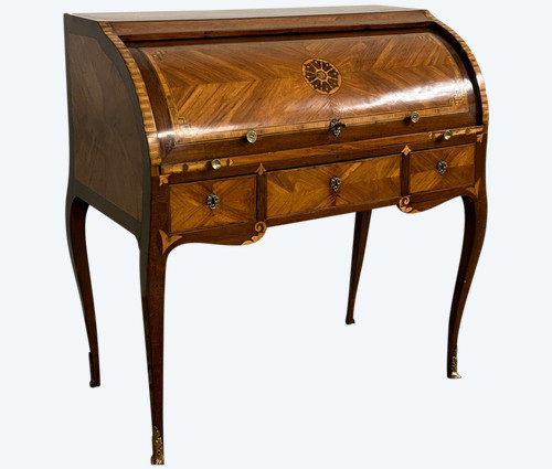 Beau Bureau Cylindre En Marqueterie  Louis XV D’époque XVIIIème