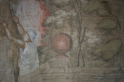 Grande toile peinte du XVIIIe, "la halte d'une caravane à un puits"