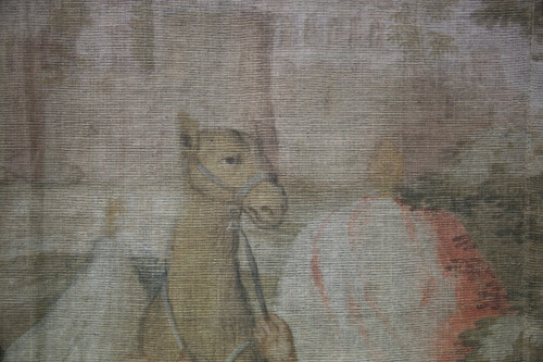 Grande toile peinte du XVIIIe, "la halte d'une caravane à un puits"