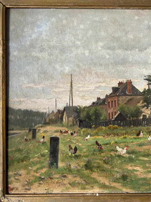 Adrien Jacques Sauzay (1841-1928) L’entrée du village - Huile Sur Panneau D’acajou