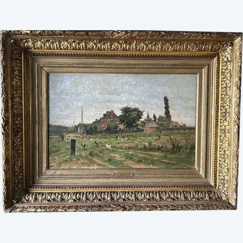 Adrien Jacques Sauzay (1841-1928) L’entrée du village - Huile Sur Panneau D’acajou