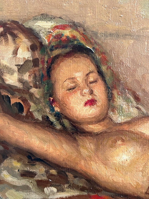 Fernand Majorel ( 1898-1965) Schlafende nackte junge Frau - Öl Auf Leinwand Orientalistisch