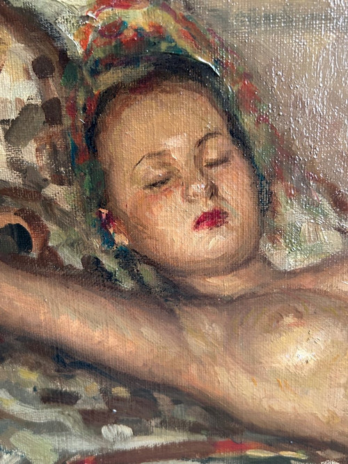 Fernand Majorel ( 1898-1965) Schlafende nackte junge Frau - Öl Auf Leinwand Orientalistisch