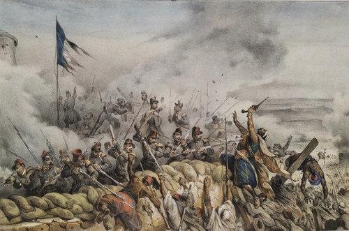 Battle Colored Lithograph To The Braves Of Mazagran Old Print