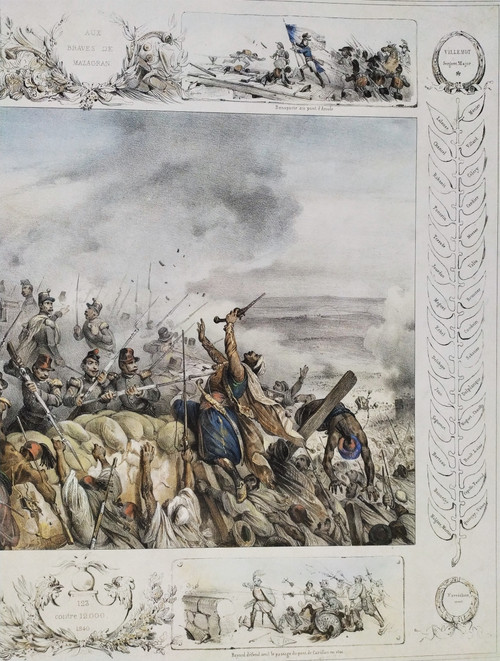 Battle Colored Lithograph To The Braves Of Mazagran Old Print
